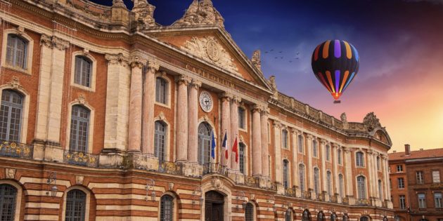 Beautiful capitole square in Toulouse, Haute Garonne and its red bricks buildings