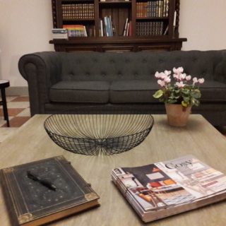 Cosy lounge with chesterfield sofa and libary