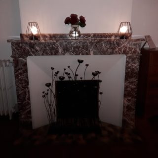 Romantic atmosphere by the fireplace in guest room Fire with red roses and soft light