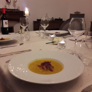 Pumpkin soup served as a starter for dinner at the table d’hotes